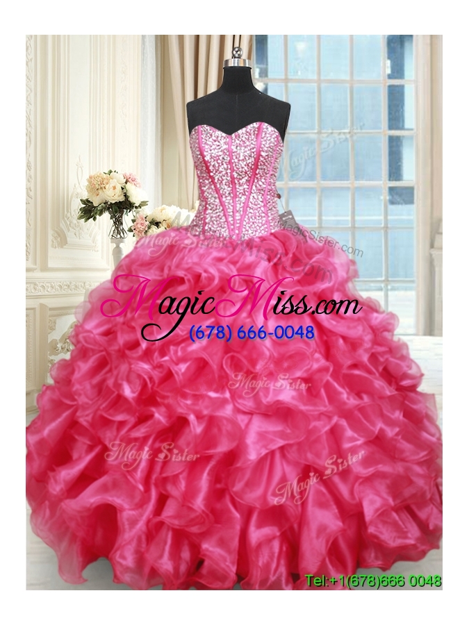 wholesale luxurious visible boning sweetheart ruffled and beaded quinceanera gown in hot pink