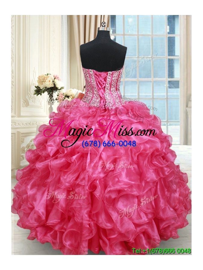 wholesale luxurious visible boning sweetheart ruffled and beaded quinceanera gown in hot pink