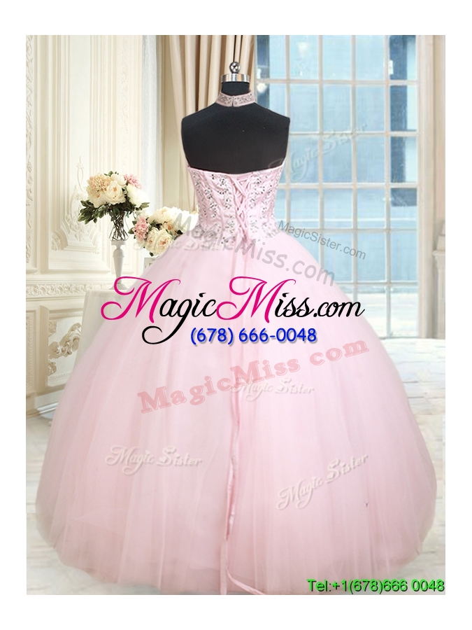 wholesale best selling visible boning see through beaded decorated halter top quinceanera dress