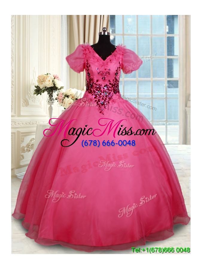 wholesale unique v neck short sleeves beaded organza quinceanera dress in coral red