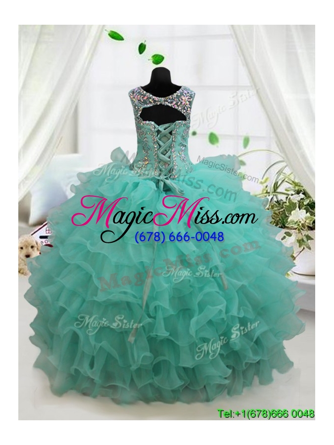 wholesale see through scoop turquoise little girl pageant dress with beading and ruffled layers