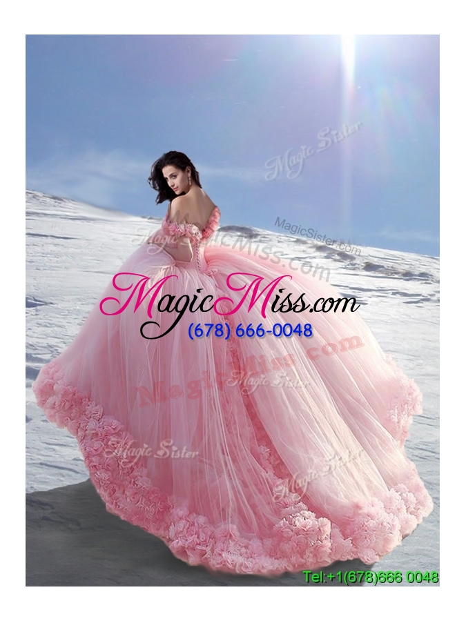 wholesale beautiful off the shoulder cap sleeves tulle quinceanera dresses with hand made flowers