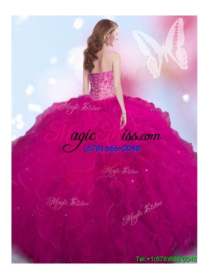 wholesale popular fuchsia tulle quinceanera dress with ruffles and beading