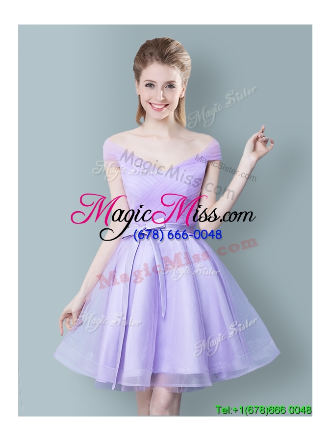 wholesale cheap tulle bowknot and ruched prom dress in lavender