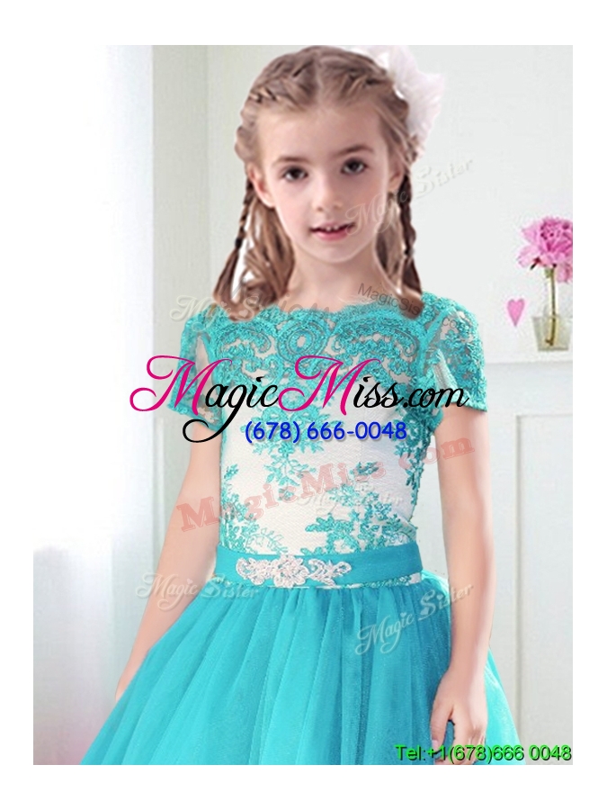 wholesale best scoop short sleeves turquoise little girl pageant dress with lace and belt