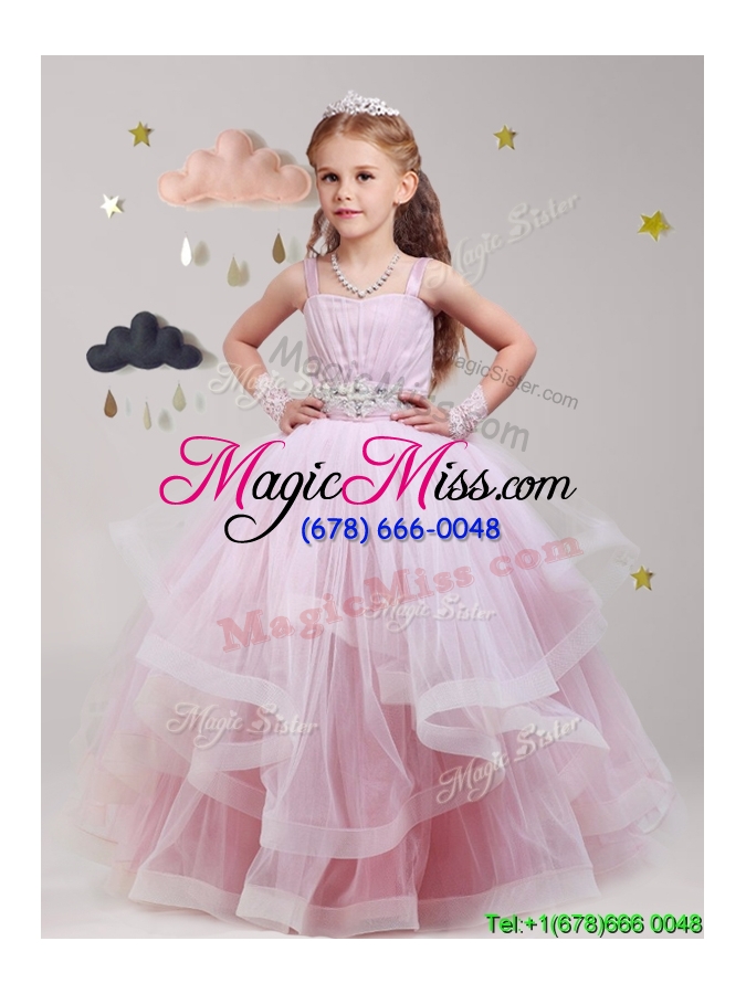 wholesale lovely straps beaded and ruffled little girl pageant dress in baby pink