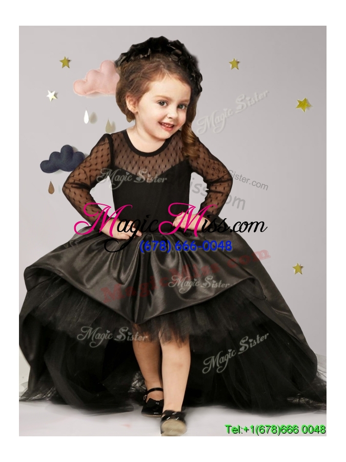 wholesale see through scoop long sleeves black little girl pageant dress with brush train