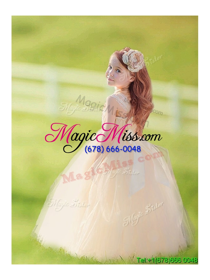 wholesale popular straps hand made flowers tulle flower girl dress in champagne
