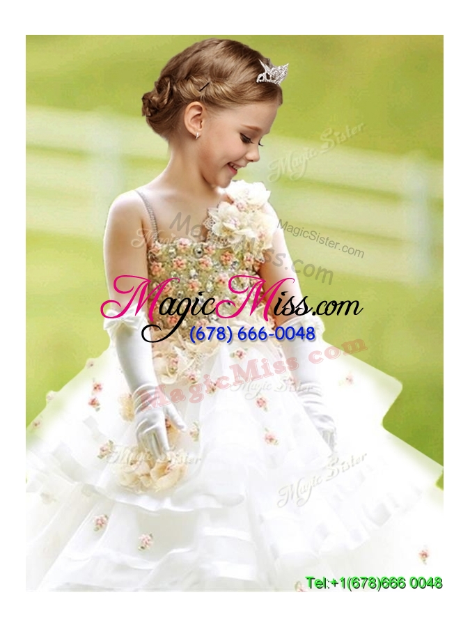 wholesale gorgeous asymmetrical neckline flower girl dress with hand made flowers and ruffled layers
