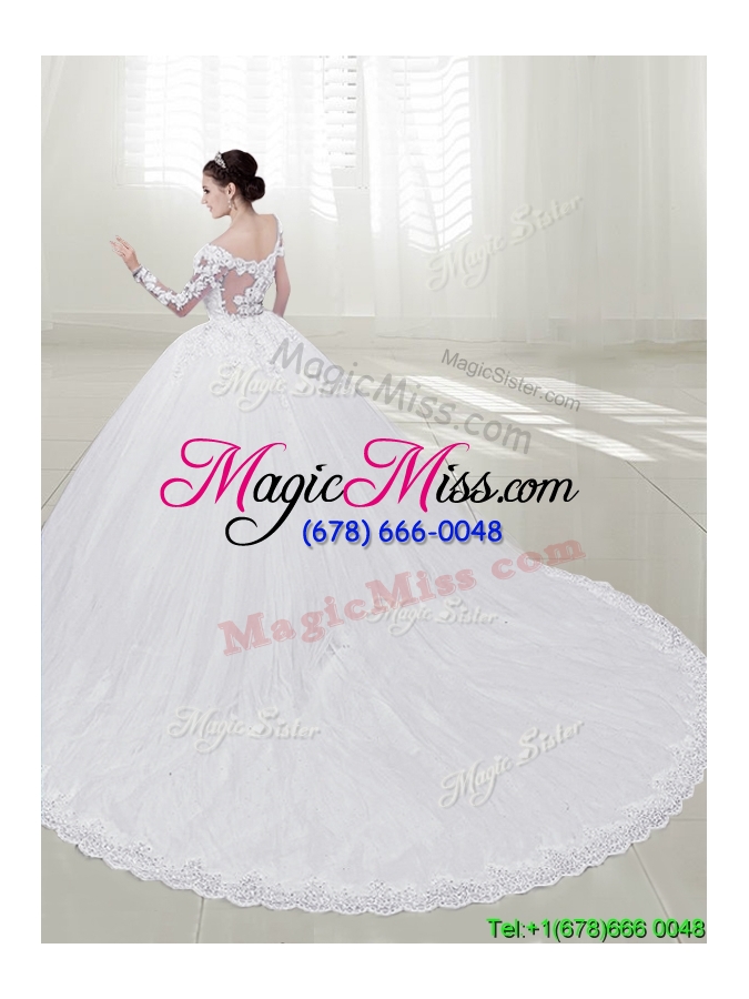 wholesale elegant chapel train long sleeves wedding dress with appliques and beading