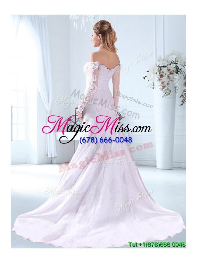 wholesale lovely off the shoulder brush train wedding dress with long sleeves