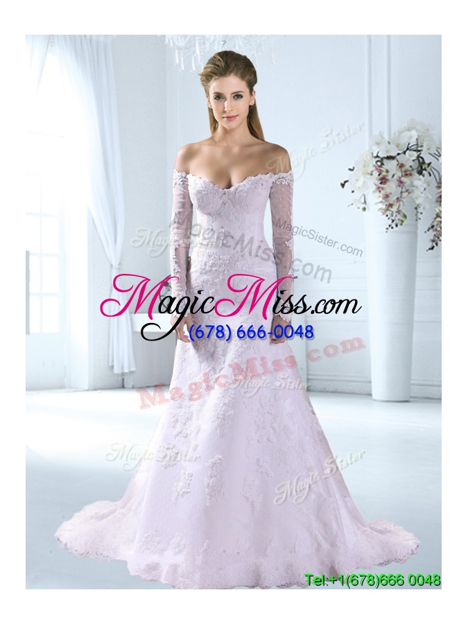 wholesale lovely off the shoulder brush train wedding dress with long sleeves