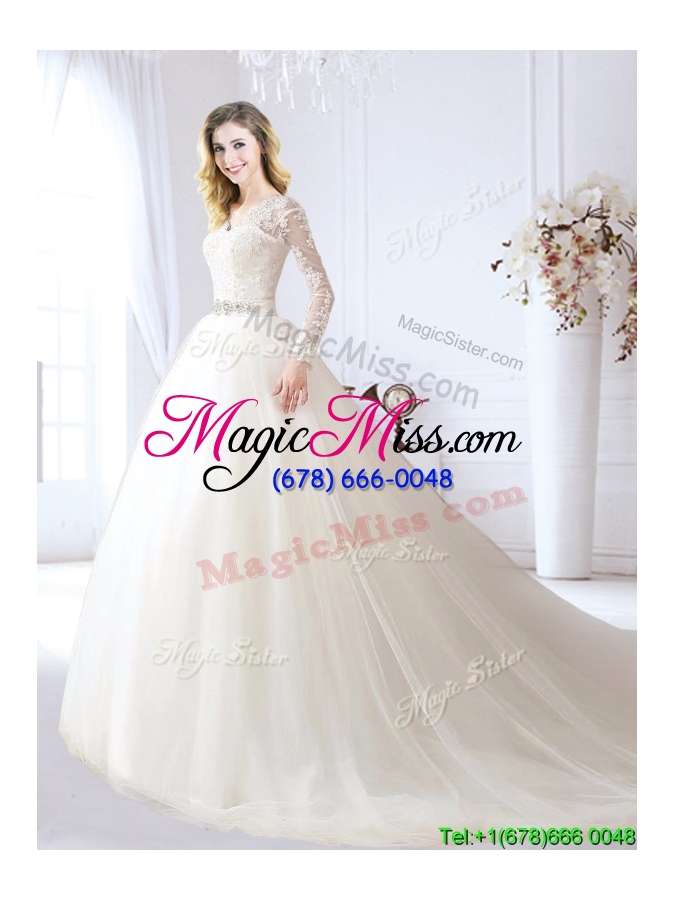 wholesale pretty v neck beaded and laced wedding dress with chapel train