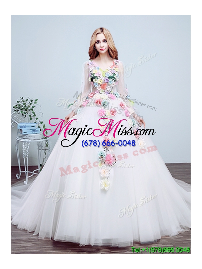 wholesale new style v neck court train wedding dress with appliques and hand made flowers