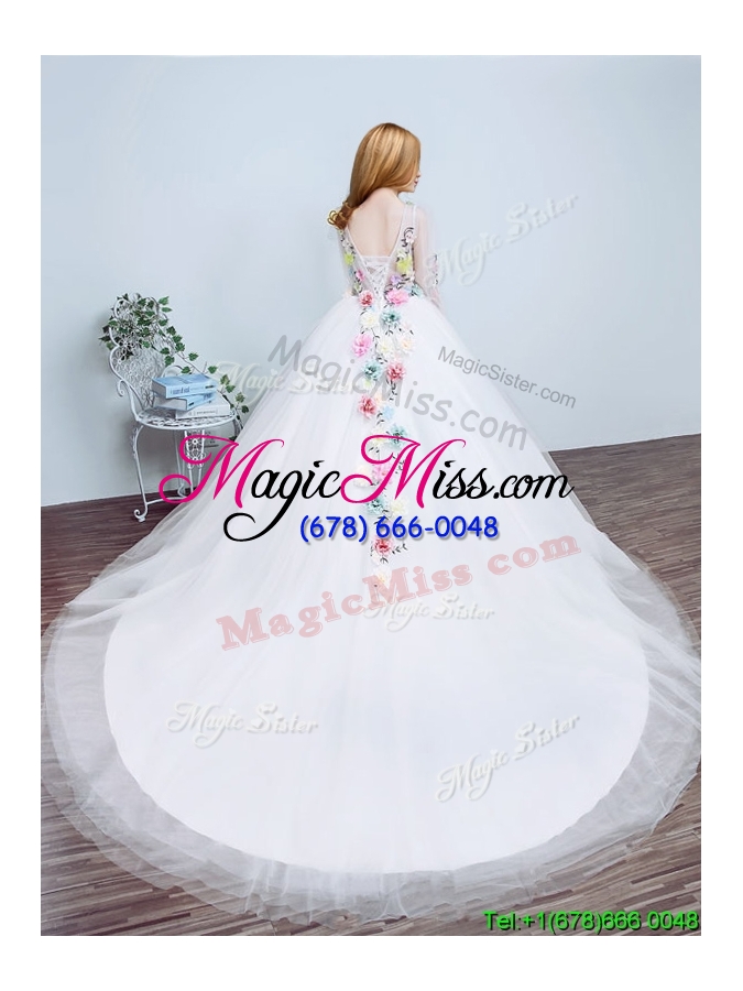 wholesale new style v neck court train wedding dress with appliques and hand made flowers