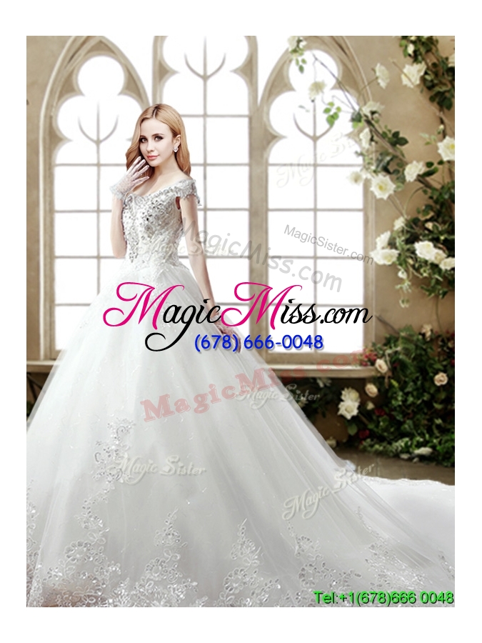 wholesale elegant off the shoulder beaded wedding dress with court train