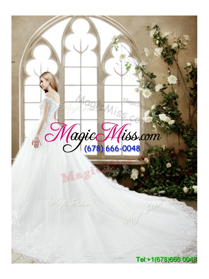 wholesale elegant off the shoulder beaded wedding dress with court train