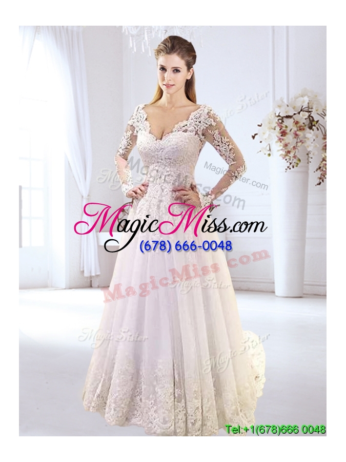 wholesale classical brush train v neck wedding dress with appliques and lace