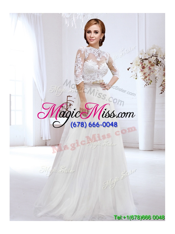 wholesale cheap high neck side zipper wedding dress with belt and lace