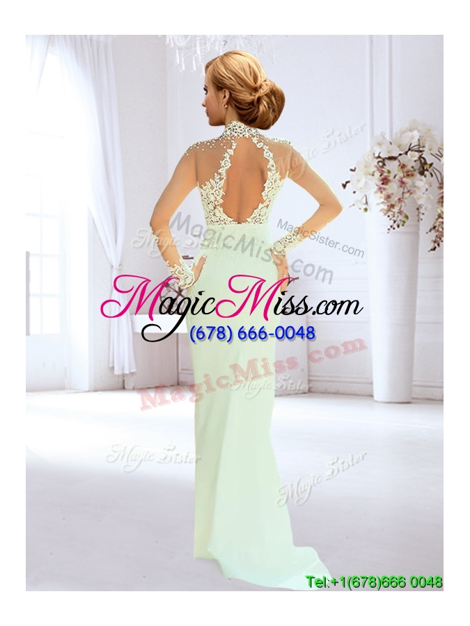 wholesale popular column beaded and laced apple green wedding dress with high neck