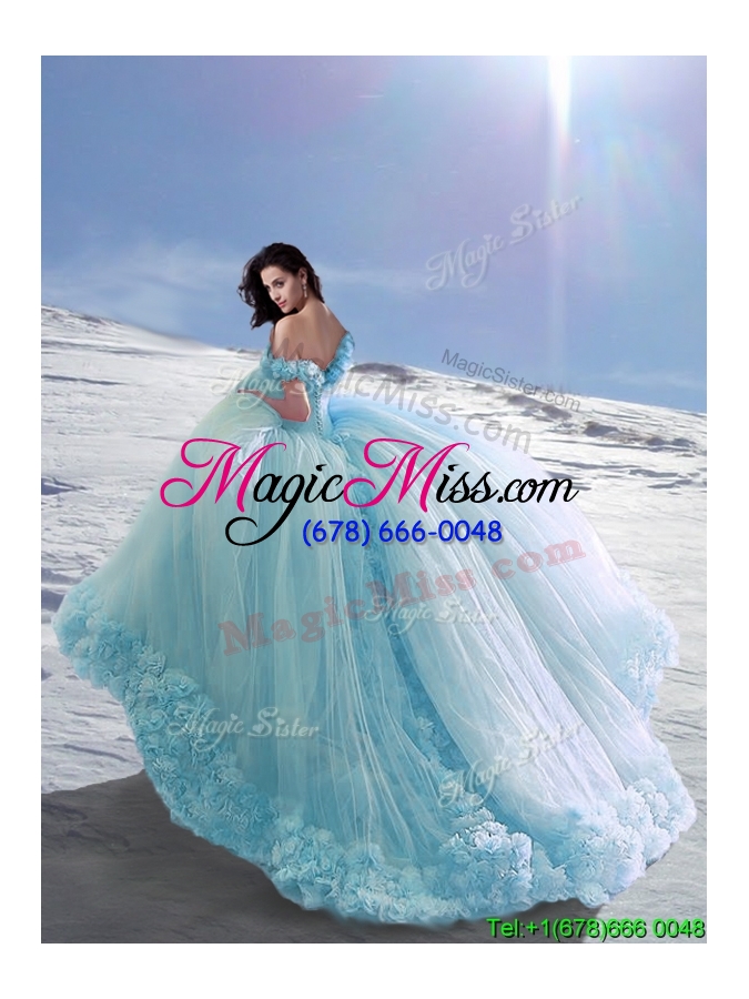 wholesale latest off the shoulder cap sleeves hand made flowers quinceanera dresses with court train