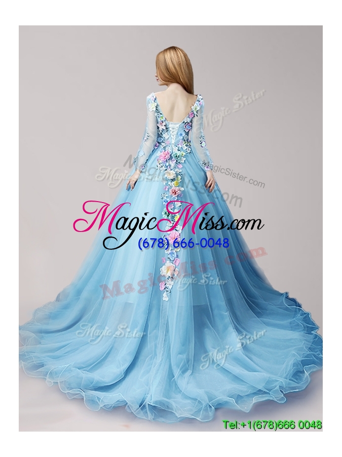 wholesale wonderful v neck long sleeves hand made flowers quinceanera dresses with brush train