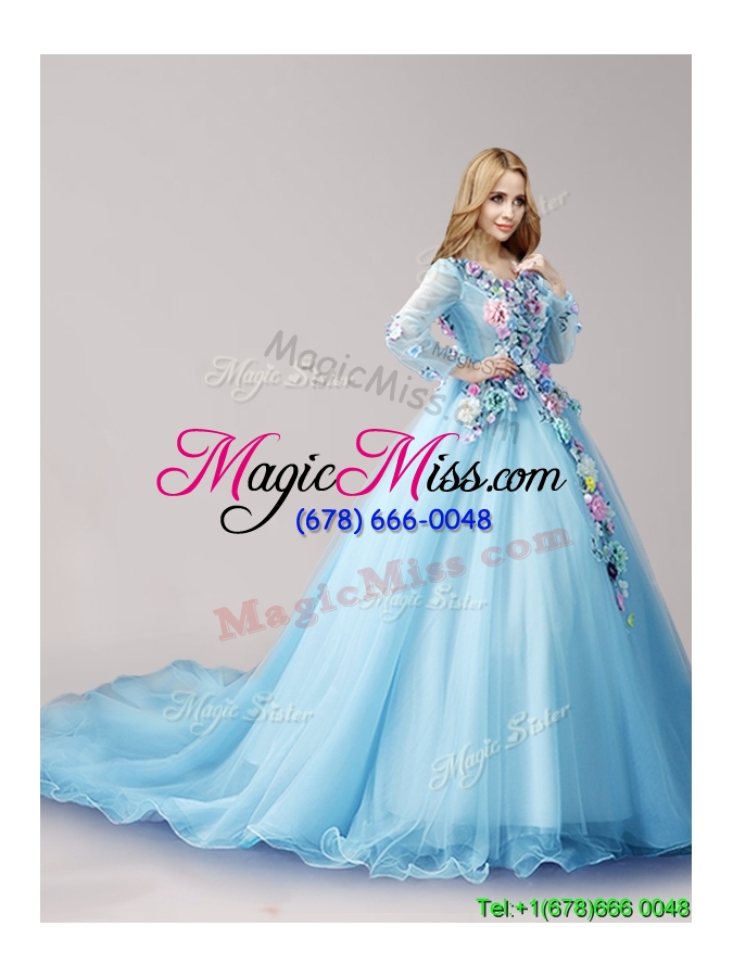 wholesale wonderful v neck long sleeves hand made flowers quinceanera dresses with brush train