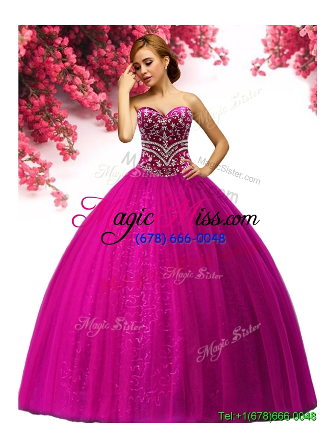 wholesale best selling beading tulle sweet 16 gown in fuchsia