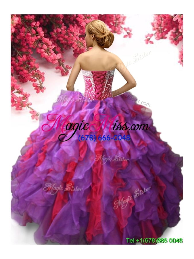 wholesale latest beaded and ruffled quinceanera dress in purple and hot pink