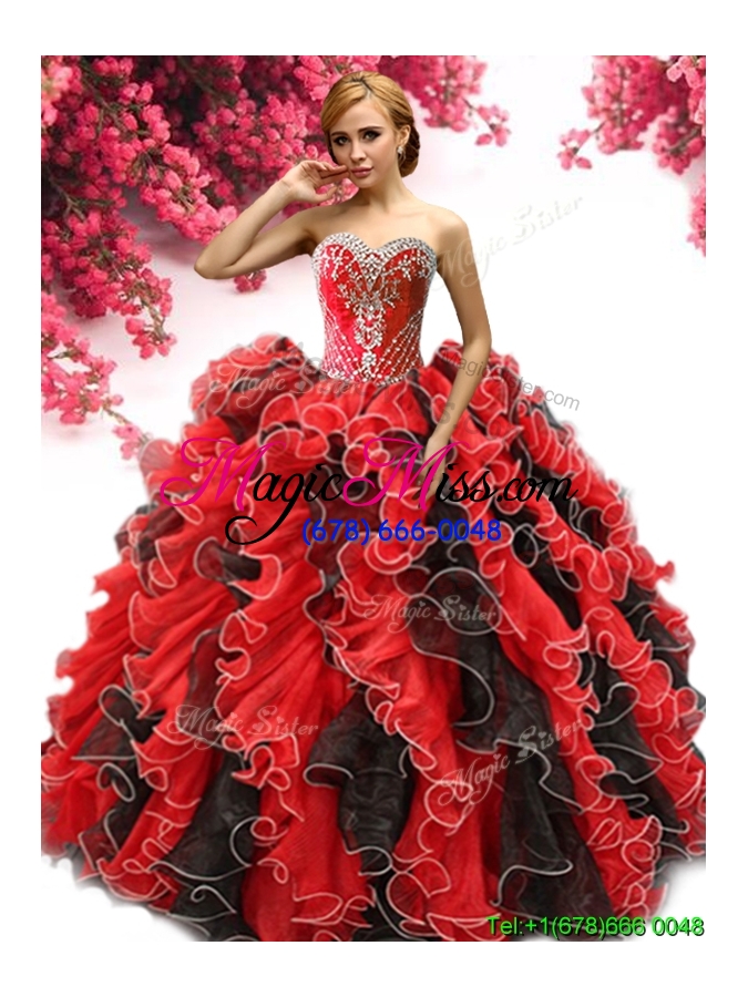 wholesale perfect red and black quinceanera dress with beading and ruffles