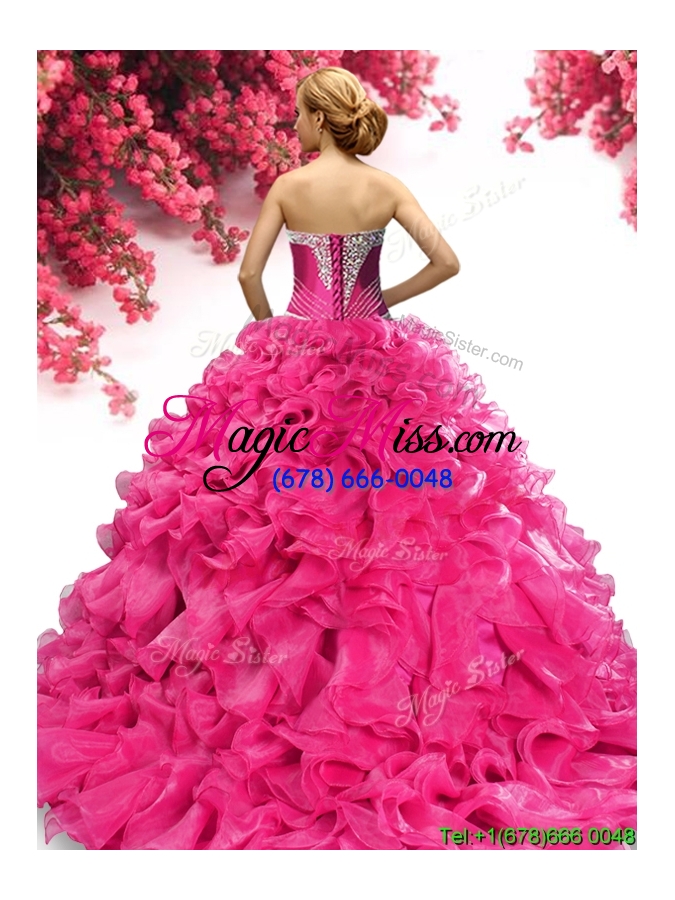 wholesale gorgeous organza hot pink quinceanera dress with appliques and ruffles