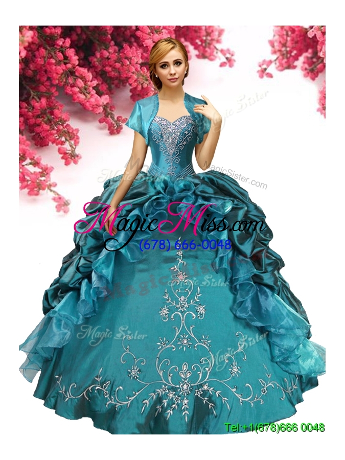 wholesale discount embroideried and pick ups taffeta quinceanera dress in teal