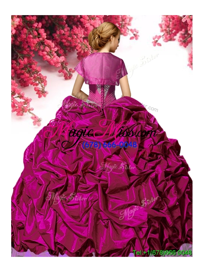 wholesale new style fuchsia taffeta quinceanera dress with appliques and pick ups