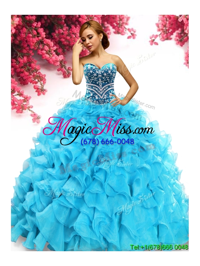 wholesale gorgeous beaded and ruffled quinceanera dress in aqua blue