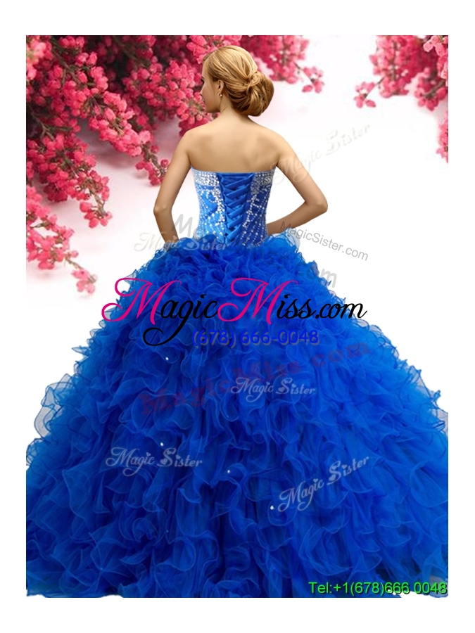 wholesale cheap beaded and ruffled tulle quinceanera dress in royal blue