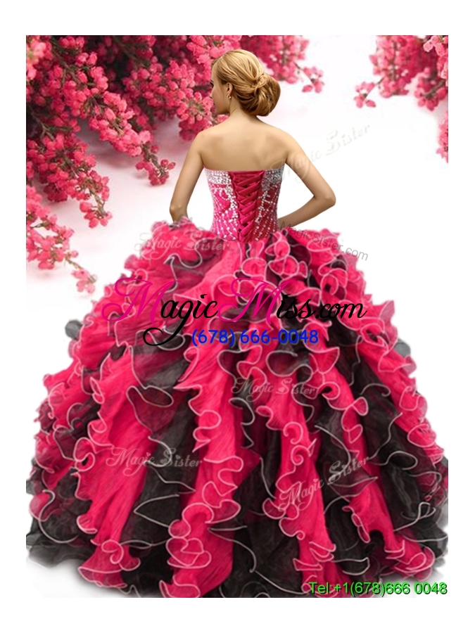 wholesale inexpensive beaded and ruffled sweet 16 dress in royal blue and black
