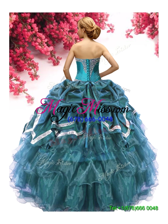 wholesale romantic big puffy teal quinceanera dress with beading and ruffled layers