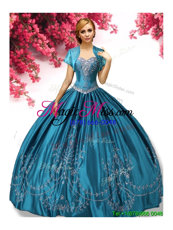 wholesale hot sale embroideried big puffy quinceanera dress in teal