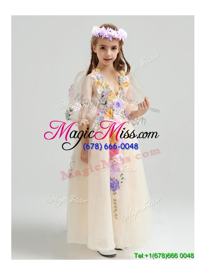 wholesale elegant v neck half sleeves applique flower girl dress in champagne