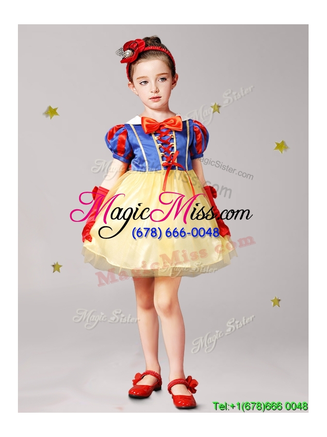 wholesale gorgeous mini length short sleeves flower girl dress in yellow and blue