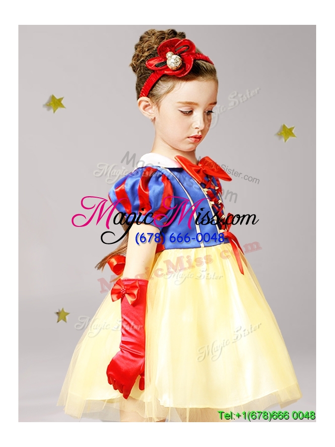 wholesale gorgeous mini length short sleeves flower girl dress in yellow and blue