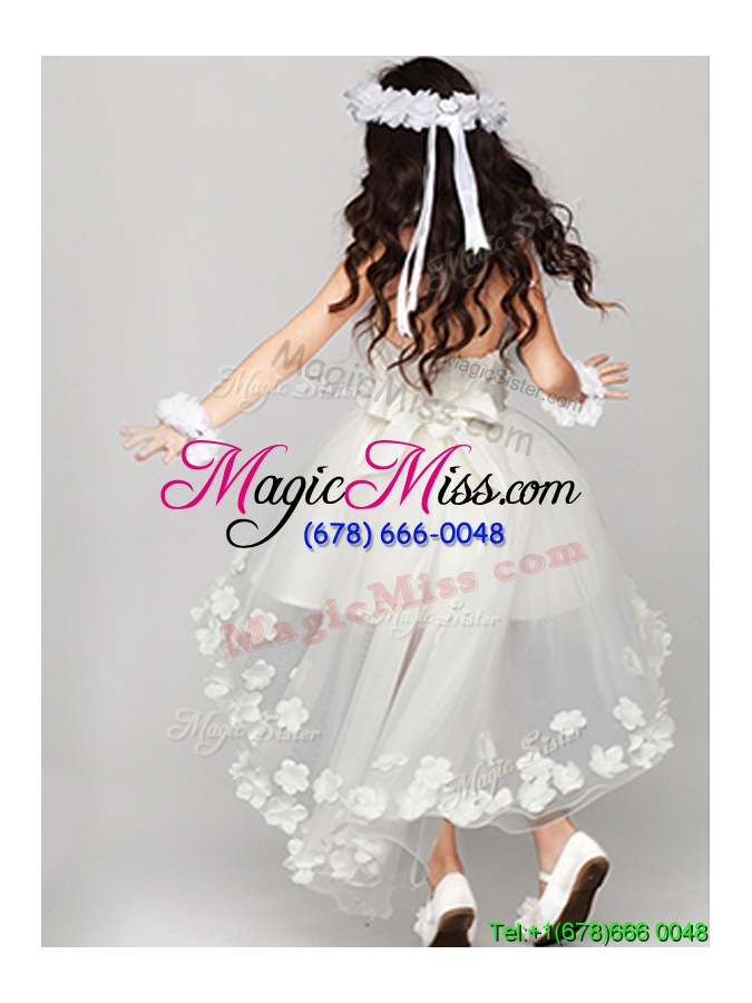 wholesale exclusive high low halter top flower girl dress with appliques and bowknot