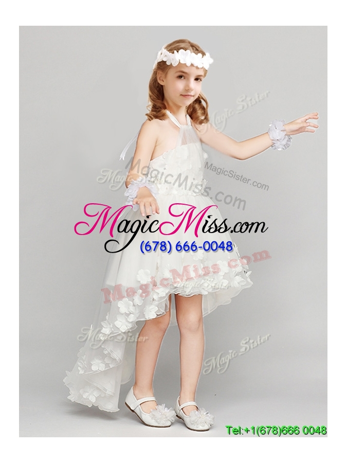 wholesale exclusive high low halter top flower girl dress with appliques and bowknot