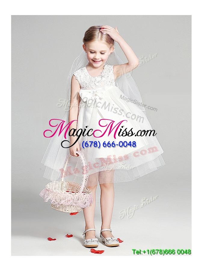 wholesale popular applique and bowknot short flower girl dress in knee length