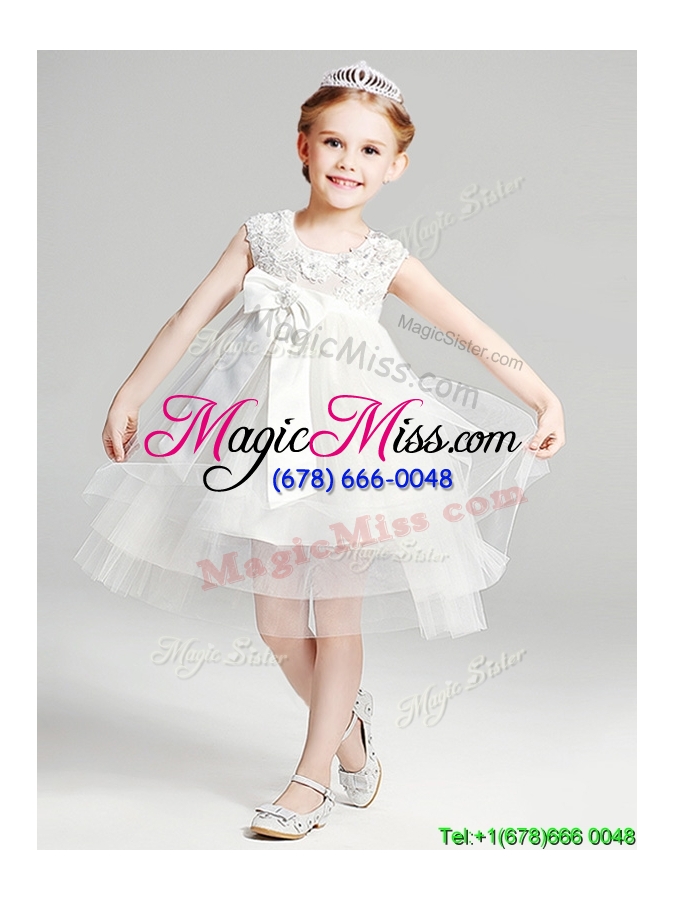 wholesale popular applique and bowknot short flower girl dress in knee length