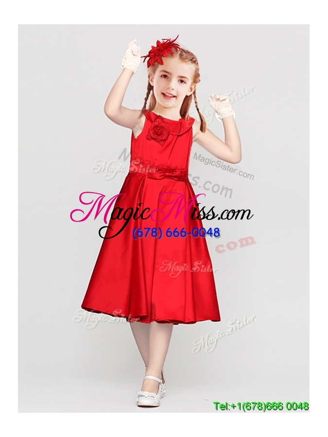 wholesale new style bowknot button up red flower girl dress in tea length
