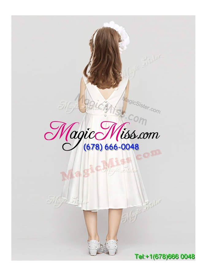 wholesale informal bowknot scoop tea length flower girl dress with button up