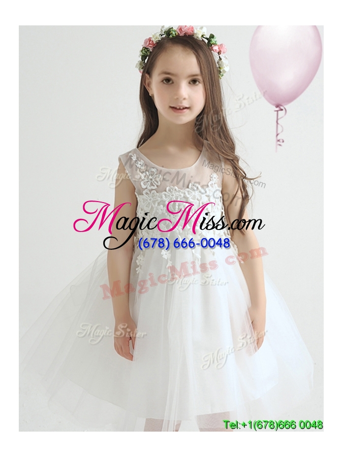 wholesale beautiful knee length flower girl dress with appliques and bowknot