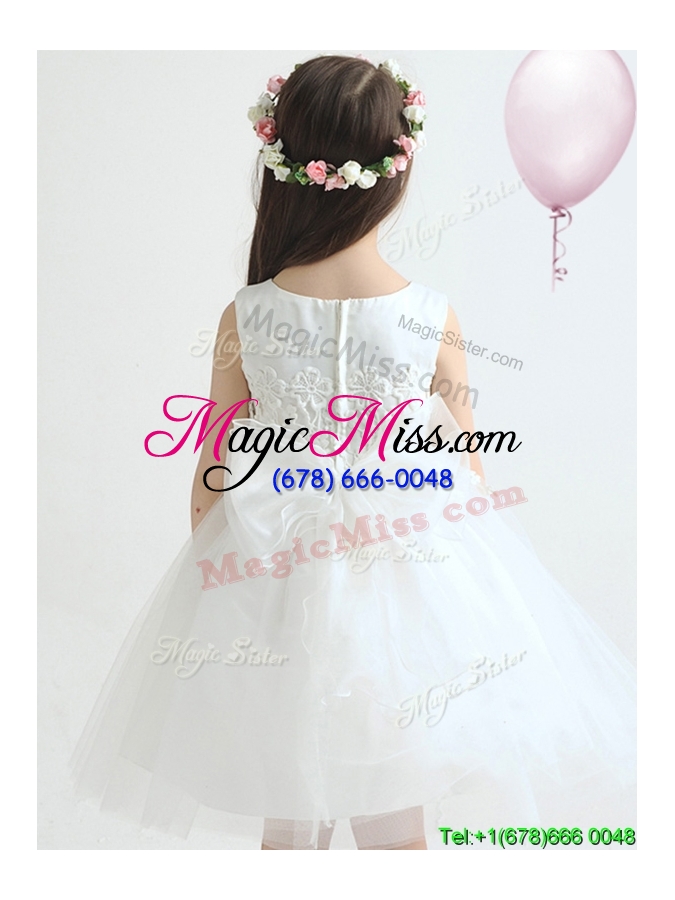 wholesale beautiful knee length flower girl dress with appliques and bowknot
