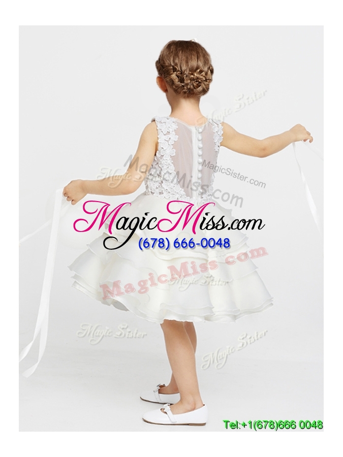 wholesale discount button up flower girl dress with appliques and ruffled layers